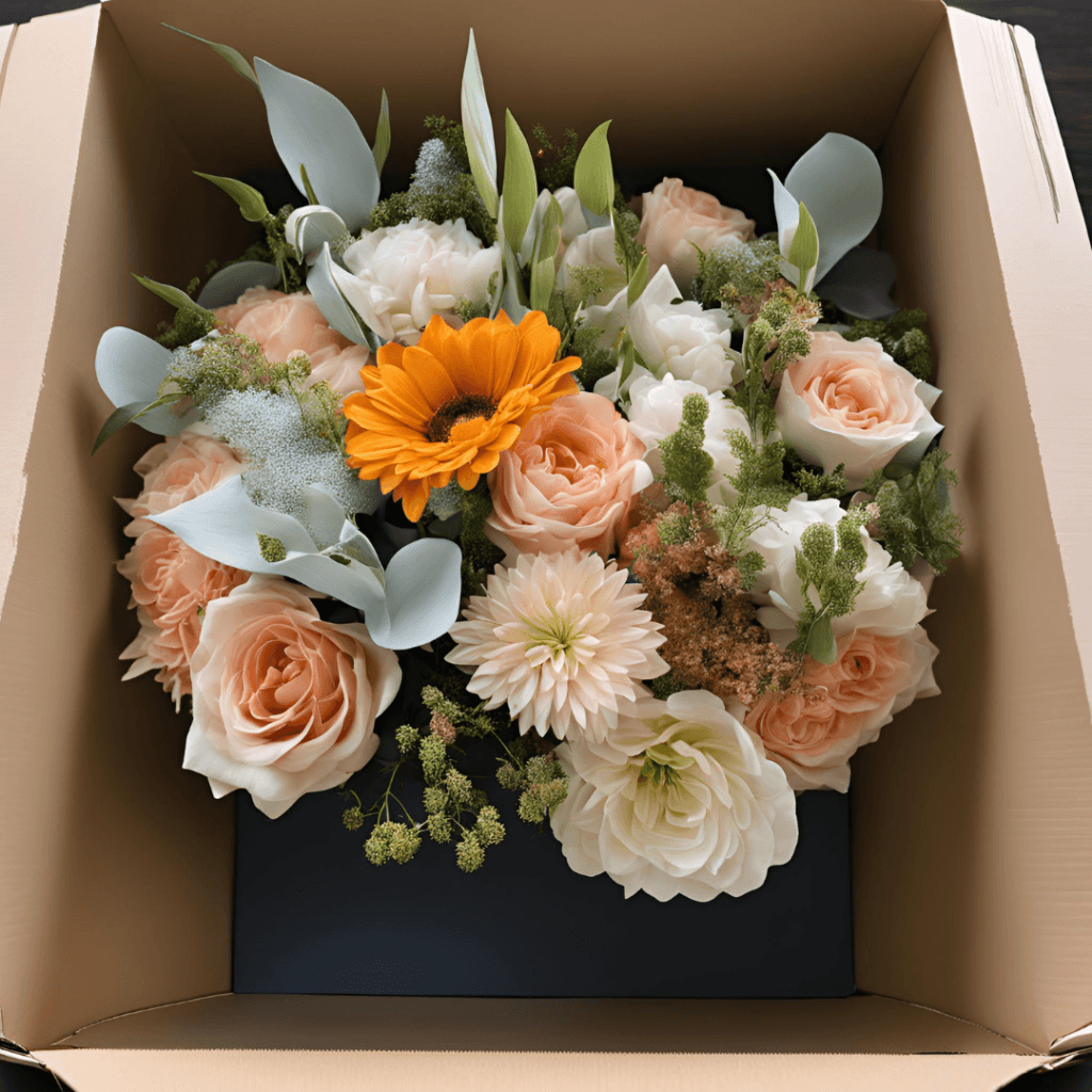 Frisk og elegant blomsterbukett med roser, gerbera og dahliaer pakket i en eske for trygg frakt.