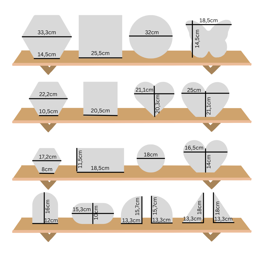 Oversikt over silikonformer brukt til resin-støpte minner hos Evig Min, inkludert hjerter, sirkler, firkanter, sommerfugl og geometriske former med mål.